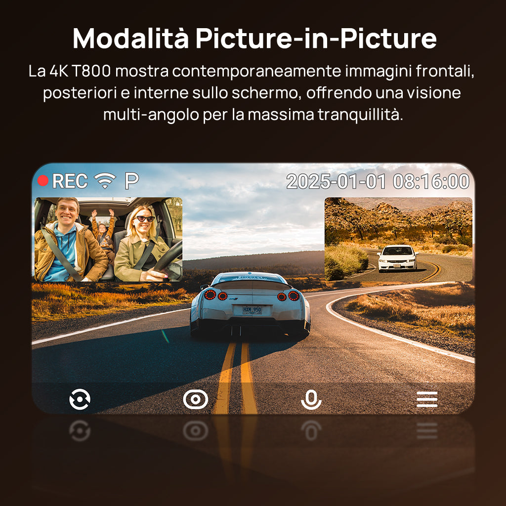 70mai T800 dash cam screen showing picture-in-picture recording mode with front, rear and interior camera views simultaneously on scenic highway