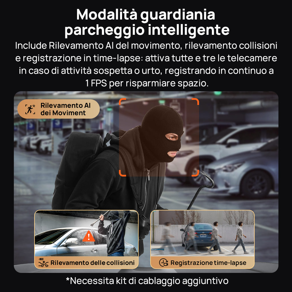 70mai intelligent parking surveillance showing AI motion detection, collision recording, and time-lapse features protecting parked vehicle with masked person alert