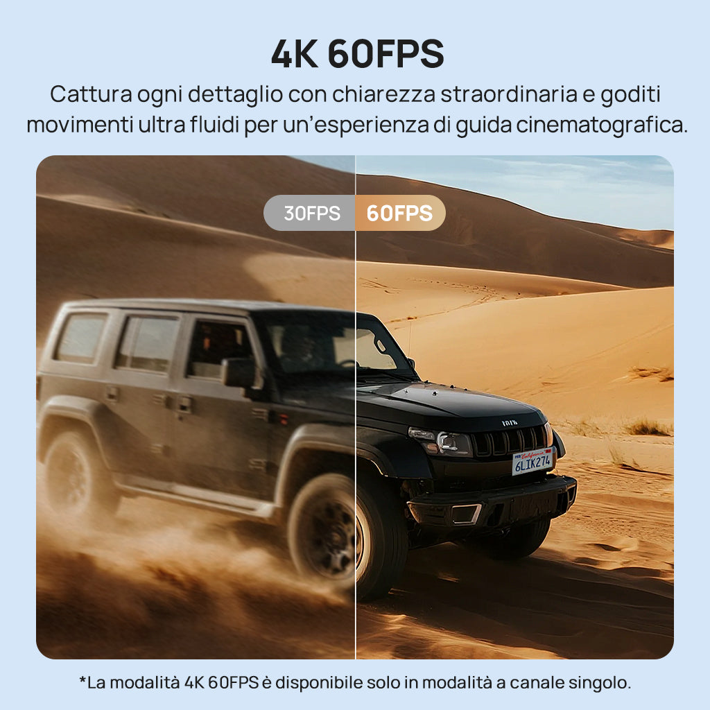 SUV driving through desert with 4K 60FPS recording quality comparison showing smoother motion capture at 60fps versus 30fps