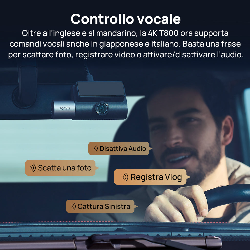 Driver using 70mai T800 dash cam voice control commands in Italian showing hands-free photo capture, video recording and audio toggle features