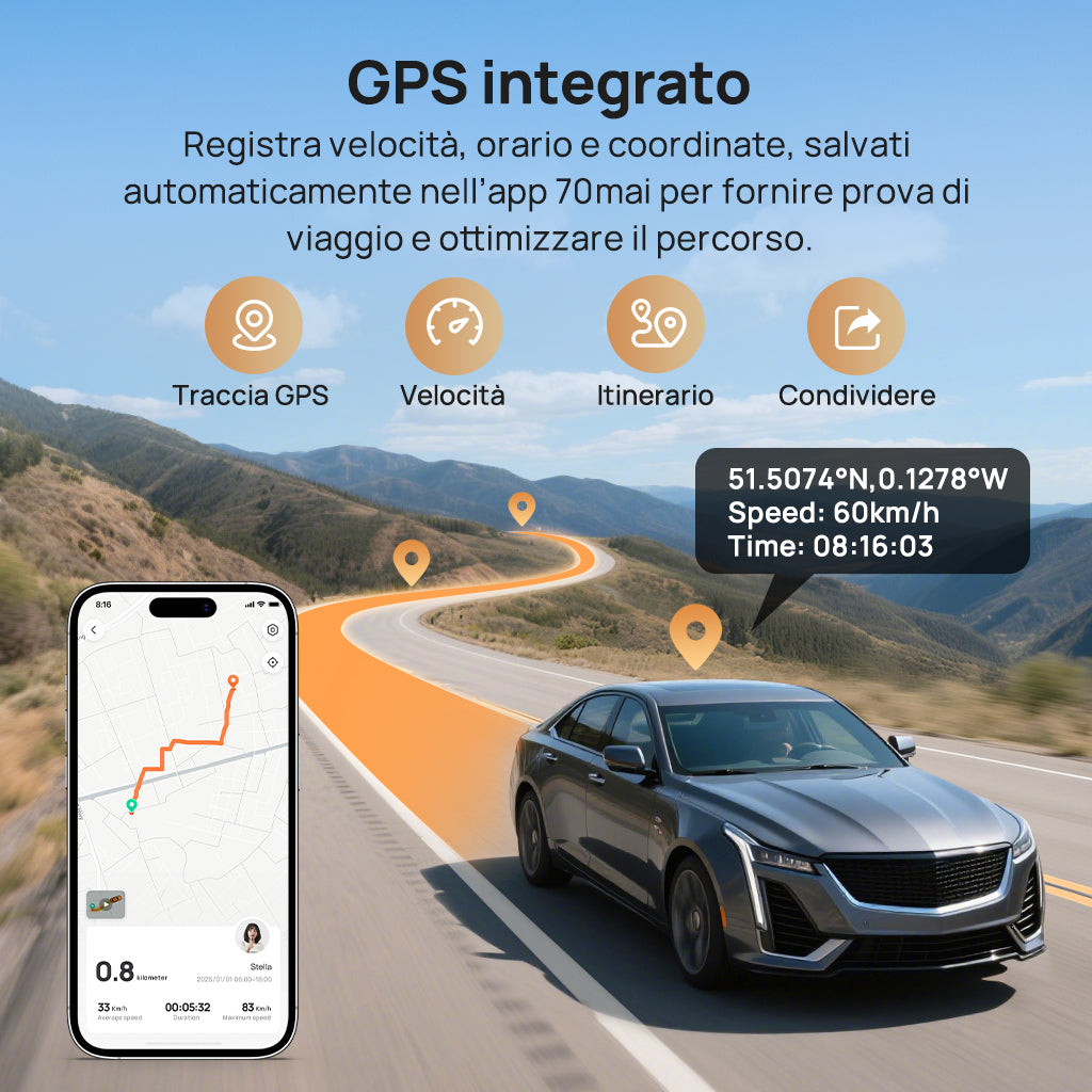 70mai app displaying GPS tracking interface with speed data, route timeline, coordinates and journey sharing features on smartphone next to luxury sedan