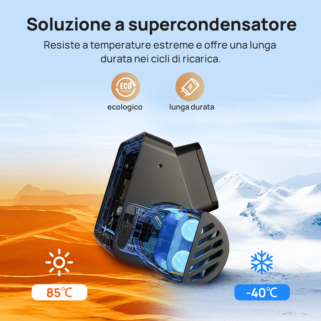 70mai dash cam supercapacitor solution with cutaway view showing eco-friendly design resistant from -40°C to 85°C extreme temperatures