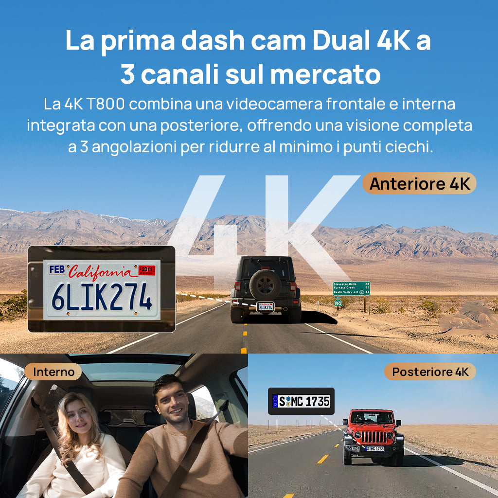 70mai 4K T800 triple-channel dash cam system showing front 4K view, interior cabin view, and rear 4K camera recording on desert highway
