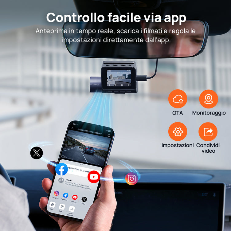 70mai Dash Cam A410 2.5K HDR Dual con GPS, registrazione di emergenza, sensore G, controllo tramite app e design compatto
