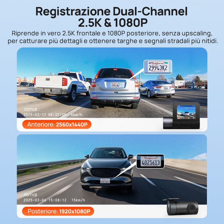 70mai Dash Cam A410 2.5K HDR Dual con GPS, registrazione di emergenza, sensore G, controllo tramite app e design compatto