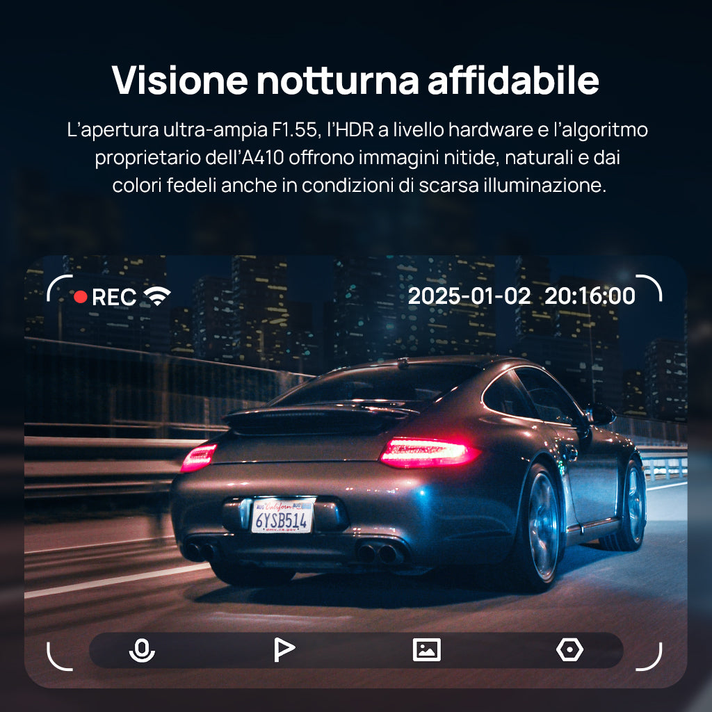 70mai Dash Cam A410 2.5K HDR Dual con GPS, registrazione di emergenza, sensore G, controllo tramite app e design compatto