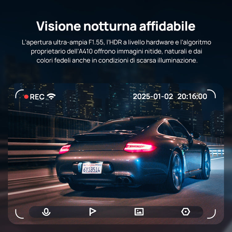 70mai Dash Cam A410 2.5K HDR Dual con GPS, registrazione di emergenza, sensore G, controllo tramite app e design compatto