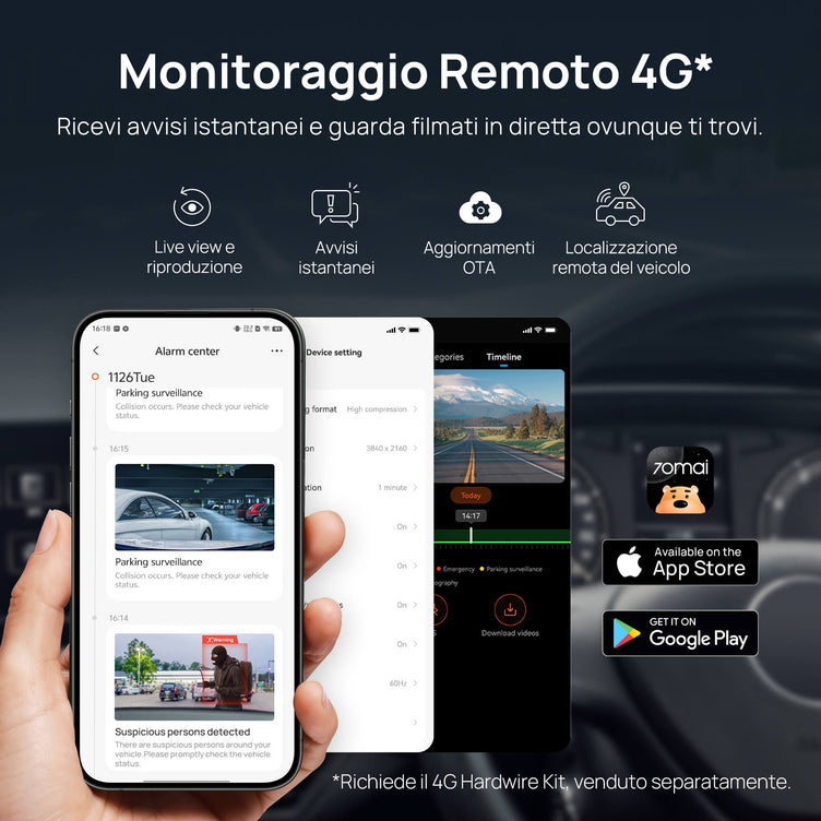 70mai Dash Cam 4K A810S con Sony STARVIS 2 IMX678, ottimizzazione delle targhe, registrazione di emergenza in buffer, supercondensatore e 4G LTE