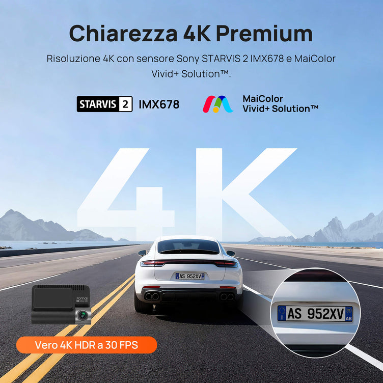 70mai Dash Cam 4K A810S con Sony STARVIS 2 IMX678, ottimizzazione delle targhe, registrazione di emergenza in buffer, supercondensatore e 4G LTE